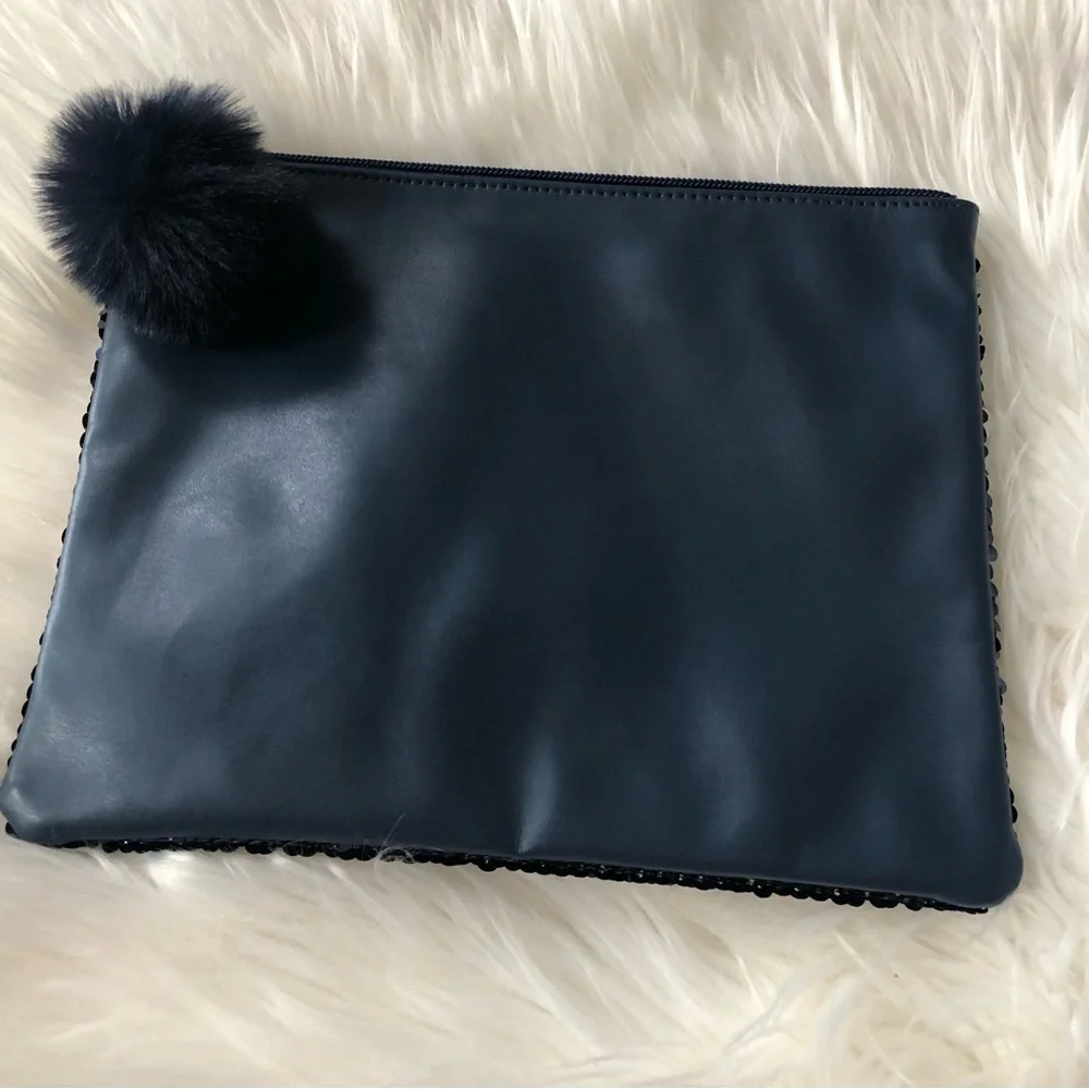 Navy Sequin Makeup Pouch with Pompom